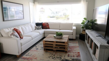 Bright and Cozy Living Room with White Sofa and Decorative Pillows