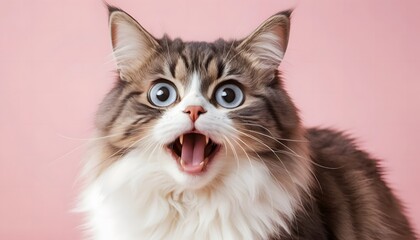 Fototapeta premium Playful Cat with Wide-Eyed Expression Against Pink Background