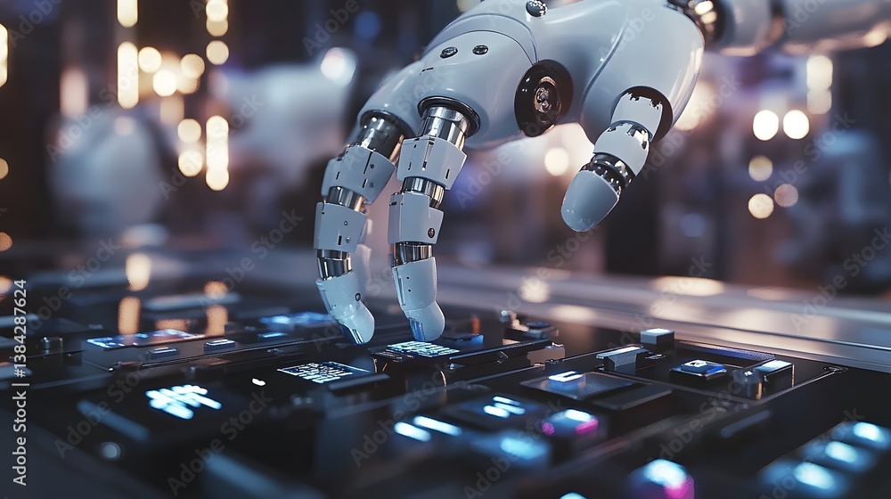 Poster close-up of a robotic hand interacting with a futuristic technological interface.