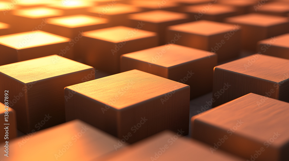 Poster a collection of uniformly arranged wooden cubes, casting long shadows, creating a sense of depth and