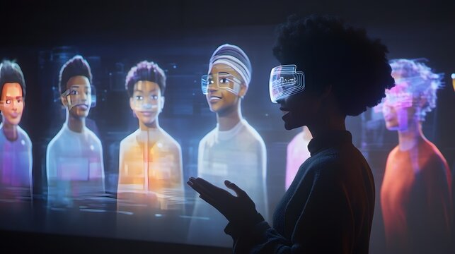 A woman wearing a VR headset interacts with holographic avatars on a large screen. The scene is futuristic and vibrant, showcasing advanced virtual reality technology.
