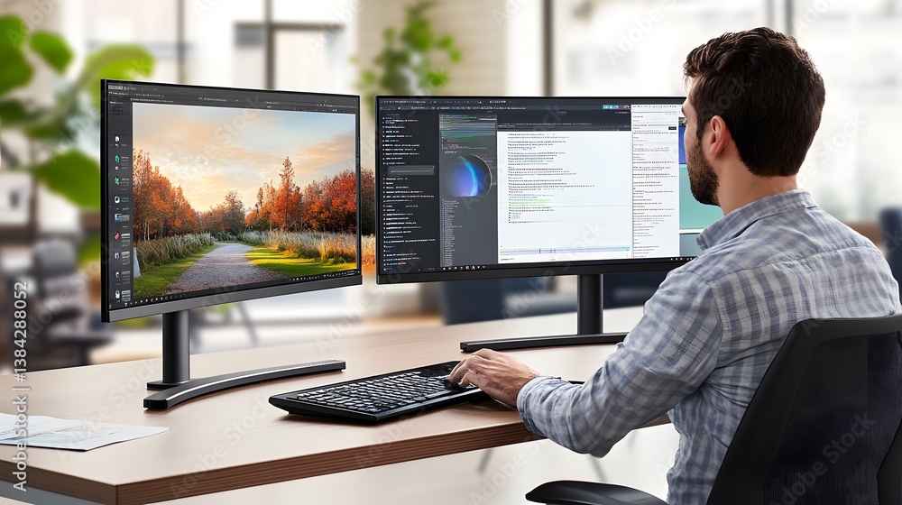 Poster a man sits at a desk with dual monitors, one displaying a scenic landscape and the other showing cod
