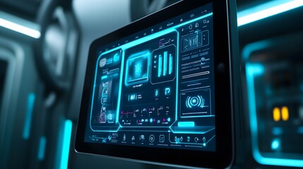 Futuristic tablet displays a sleek, vibrant blue interface filled with data graphs, icons, and system information.  Sci-fi technology concept.