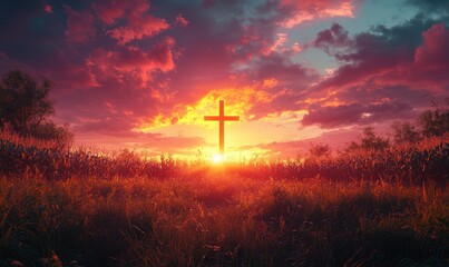 Glowing Cross at Sunset in Serene Landscape with Warm Colors and Dramatic Sky