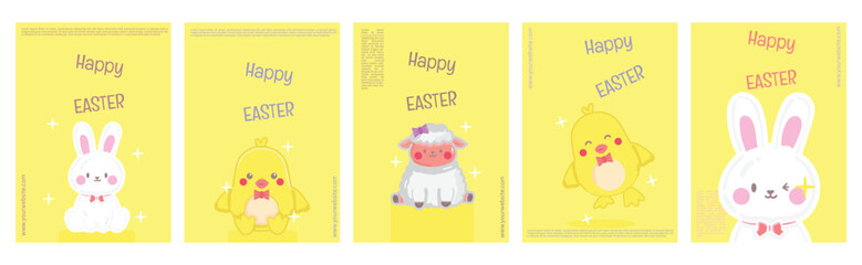 Happy Easter Day Poster Set with a Cute Lamb, Chick, and Bunny Mascot, isolated on yellow background