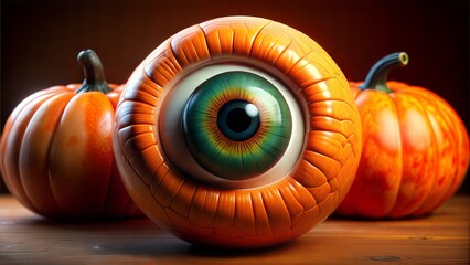A pumpkin with a large eyeball in the center and two pumpkins in the background on a wooden surface