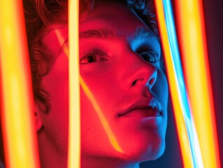 Neon light painting portrait with dramatic lighting and negative space on right