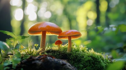 Fototapeta premium Three mushrooms growing on moss in the forest