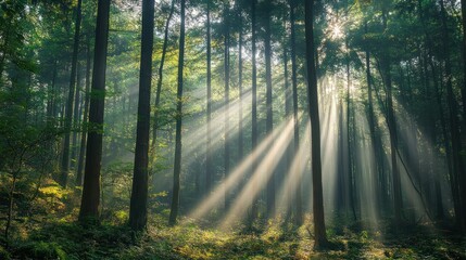 Sunbeams filtering through the serene and tranquil environment of dense forest