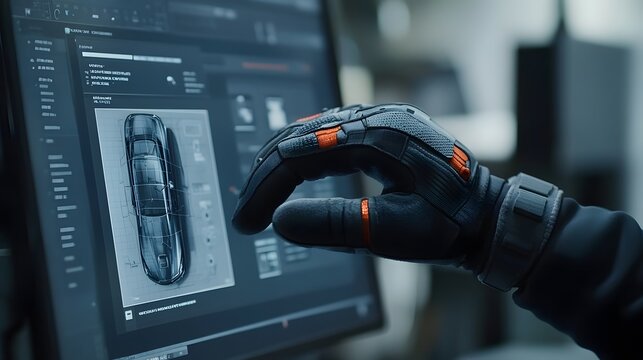 A gloved hand interacts with a computer screen displaying a 3D model of a car. The image showcases advanced technology and automotive design.  The scene is dark and futuristic.