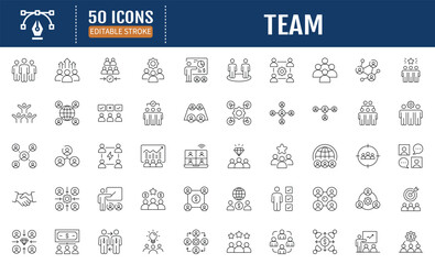 Team line editable icon set. Containing team building, teamwork, coaching, meeting, managing, coaching, motivation and more. Vector Illustration
