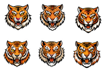 Tiger Head Mascot Collection: A compilation of stylized tiger head illustrations, each capturing the animal's ferocity and strength, suitable for various design applications.