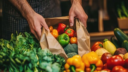 A man is holding a bag of vegetables