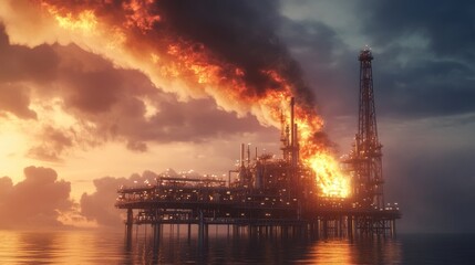 Obraz premium Oil rig ablaze at sunset