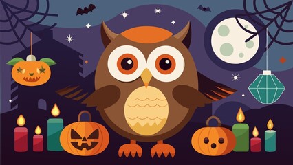 Obraz premium A cartoon illustration of a halloween scene with an owl pumpkins and candles at night time
