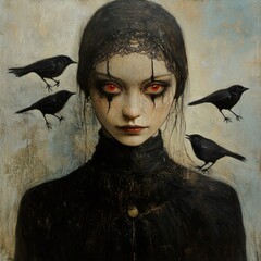 Mysterious Girl with Crows: A Dark Gothic Portrait
