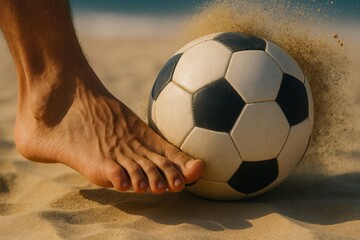 Foot striking a soccer ball on a sandy surface.