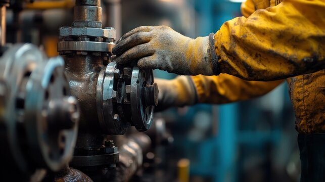 industrial maintenance engineer adjusting machinery valve in a factory setting showcasing safety gloves and focused expertise on mechanical equipment