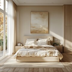Sunlit beige bedroom with large bed, artwork, and wooden floors.