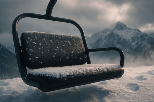 Snow-covered ski lift chair against a dramatic mountain backdrop.