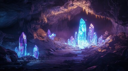 Mystical Glow: An Underground Cave Illuminated by Vibrant Crystal Formations