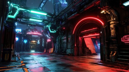 Cybernetic cityscape featuring vibrant neon illumination and metallic textures