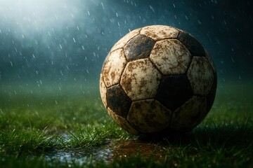 A wet soccer ball on grass during rain.