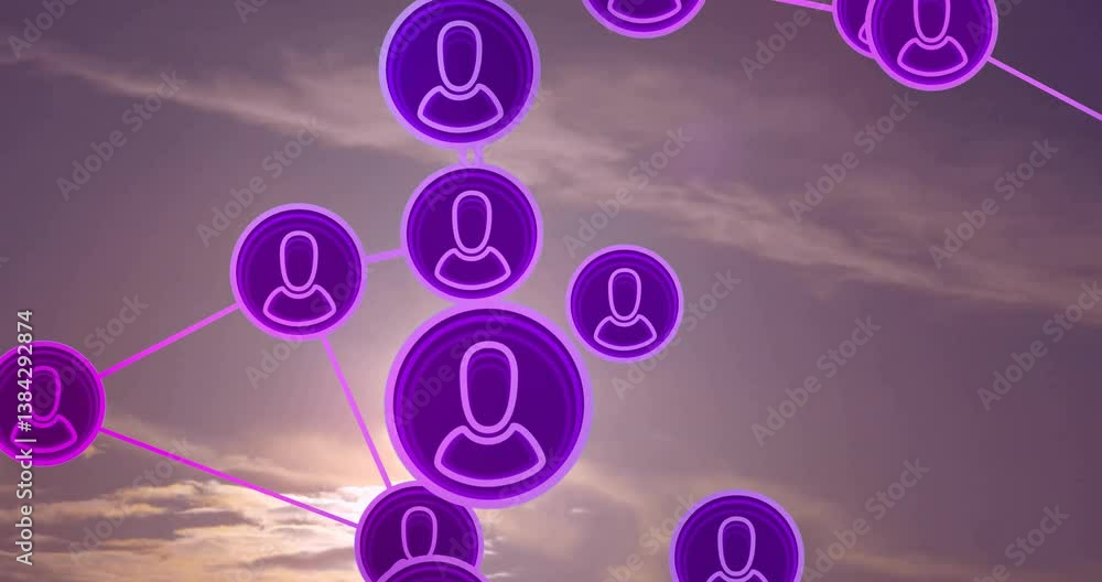 Poster cloudy sky with purple network icons connected in digital animation style