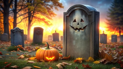 Halloween graveyard scene with carved tombstone and pumpkin in the foreground at sunset time