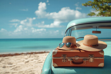 A vintage car parked by beach with suitcase on trunk, adorned with summer hats and sunglasses, evoking relaxing vacation vibe