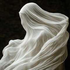 An ethereal figure is veiled in flowing and delicate white fabric