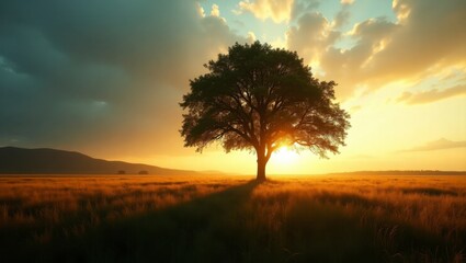 Fototapeta premium Majestic single tree standing proudly in a vast open field surrounded by lush green grass under a bright blue sky capturing the essence of nature's beauty and solitude