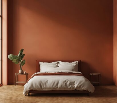 Warm, modern bedroom with terracotta walls
