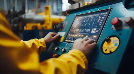Close-up of a worker's hands operating a teal industrial control panel with a digital screen. The worker wears a bright yellow protective jacket, highlighting the industrial setting.