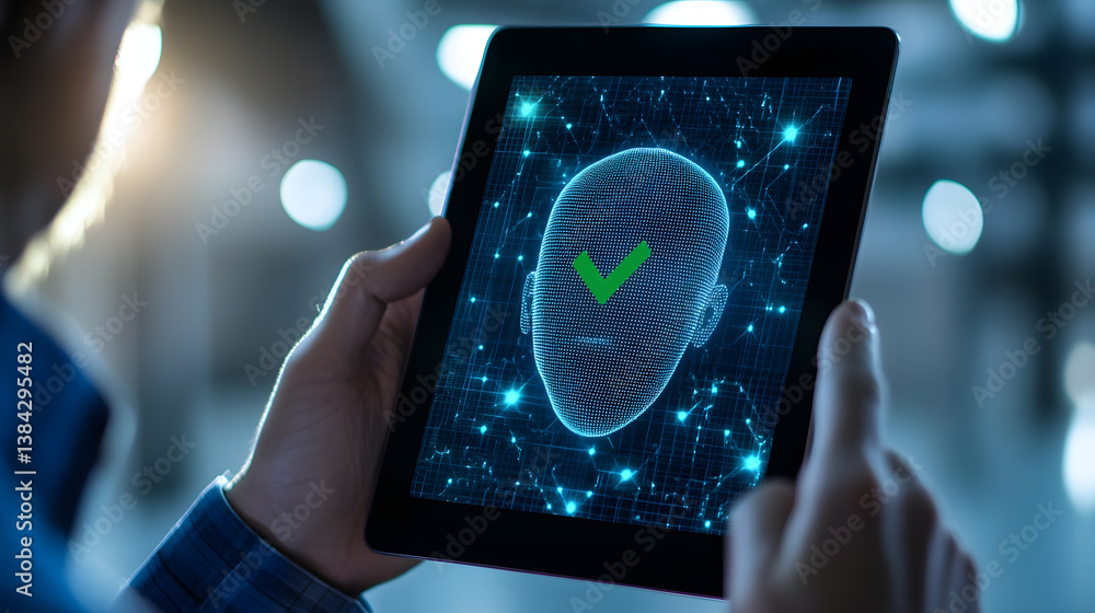 Poster a person uses a tablet displaying a digital 3d model of a face with a green checkmark. the image sym