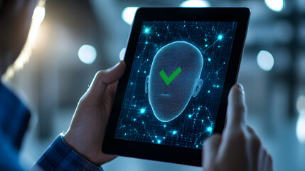 A person uses a tablet displaying a digital 3D model of a face with a green checkmark.  The image symbolizes successful facial recognition or identity verification.