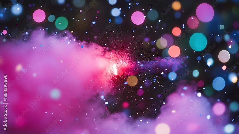 Poster vivid ethereal cloudscape with bokeh lights and sparkling dust particles
