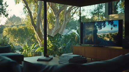 Fototapeta premium Modern living room with large windows showcasing a scenic view. A flat-screen TV displays a captivating landscape, complementing the serene atmosphere. Books and plants add a touch of elegance.