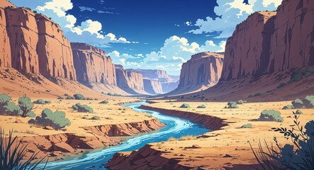 A small dusty river winding through a barren valley anime cartoon style illustration artwork design background