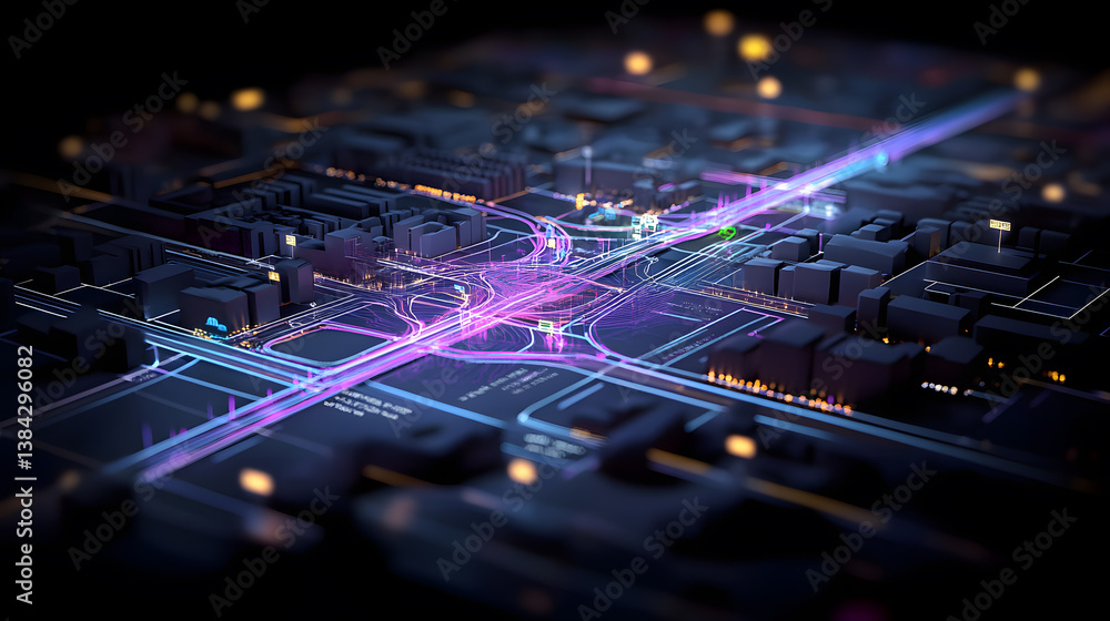 Poster abstract digital city model with glowing lines illustrating data flow and connectivity. futuristic s