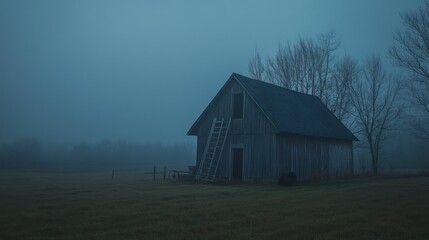 Obraz premium An old weathered barn stands in a misty rural landscape