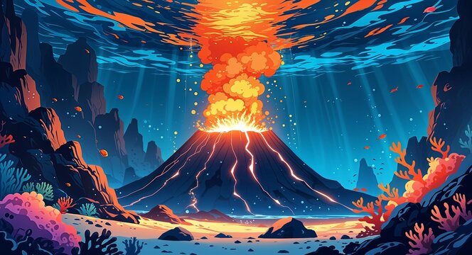 A vibrant underwater volcano emitting soft orange glow underwater anime cartoon style illustration artwork design background