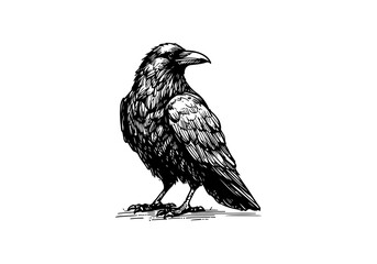Raven Hand Drawn Illustration Black and White Vector Isolated