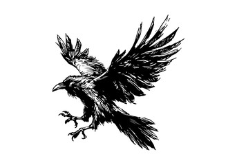 Raven Hand Drawn Illustration Black and White Vector Isolated