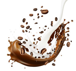 Milk coffee splash with Coffee Bean falling. Vector Illustration for Product Design or Advertising Mesh gradient is used