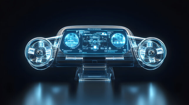 Futuristic transparent vehicle with glowing blue digital dashboard and intricate details. Sleek design, dark background.  High-tech concept.