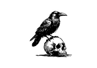 Raven Hand Drawn Illustration Black and White Vector Isolated