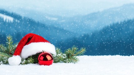 Christmas Ornament with Santa Hat on Snowy Background