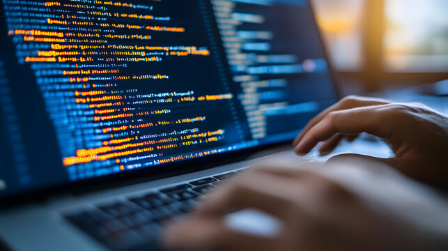 Close-up of hands typing code on a laptop.  The screen displays lines of colorful programming code, highlighting the intensity of software development.