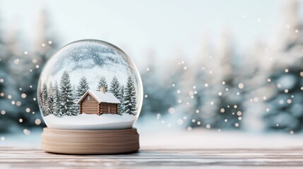 Cozy Winter Scene with Snow Globe Containing Cabin and Forest
